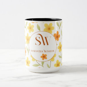 Personalised with Orange & Yellow Flowers _  Two-Tone Coffee Mug