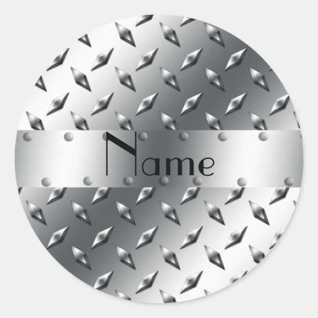 Personalised with your name diamond plate steel classic round sticker (Front)