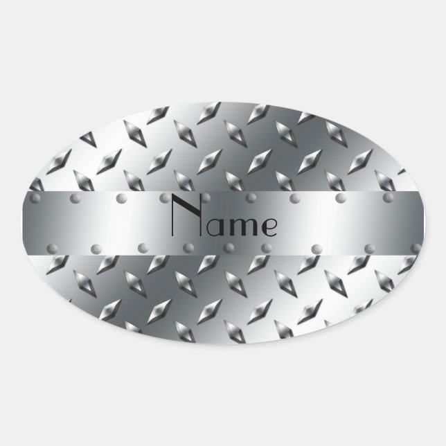 Personalised with your name diamond plate steel oval sticker (Front)