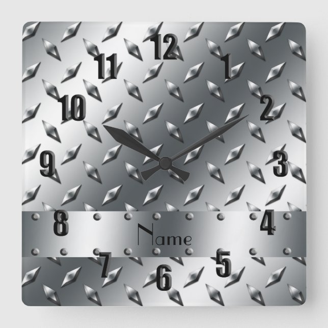 Personalised with your name diamond plate steel square wall clock (Front)