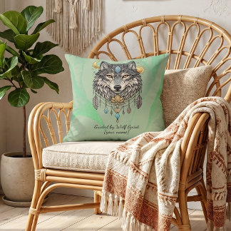 Personalised Wolf Spirit Sage Green Boho Cushion