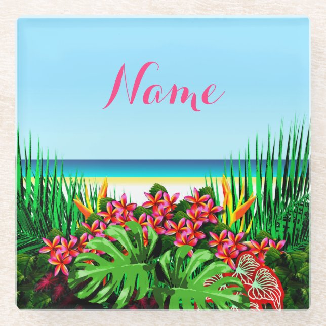 Personalised Women's Beautiful Tropical Paradise Glass Coaster (Front)