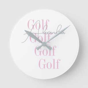 Personalised Women's Golf Pink Typography Round Clock