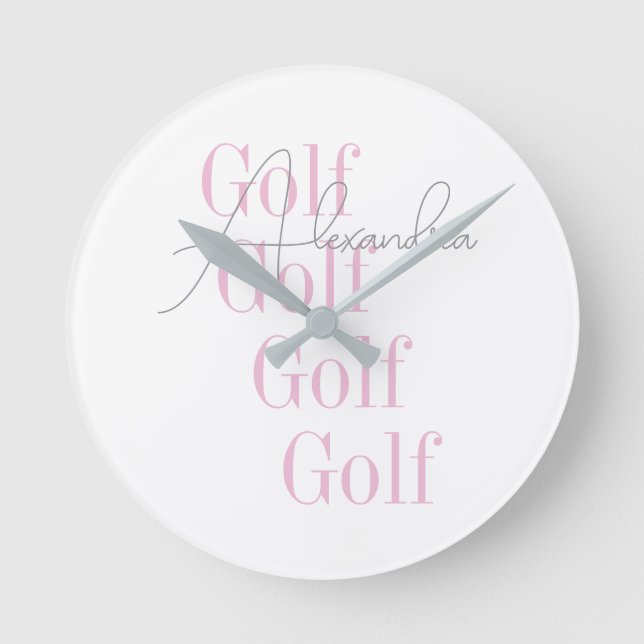 Personalised Women's Golf Pink Typography  Round Clock (Front)