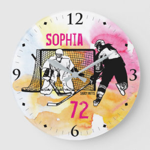 Personalised Women's Hockey Ink Sketch Name Number Large Clock