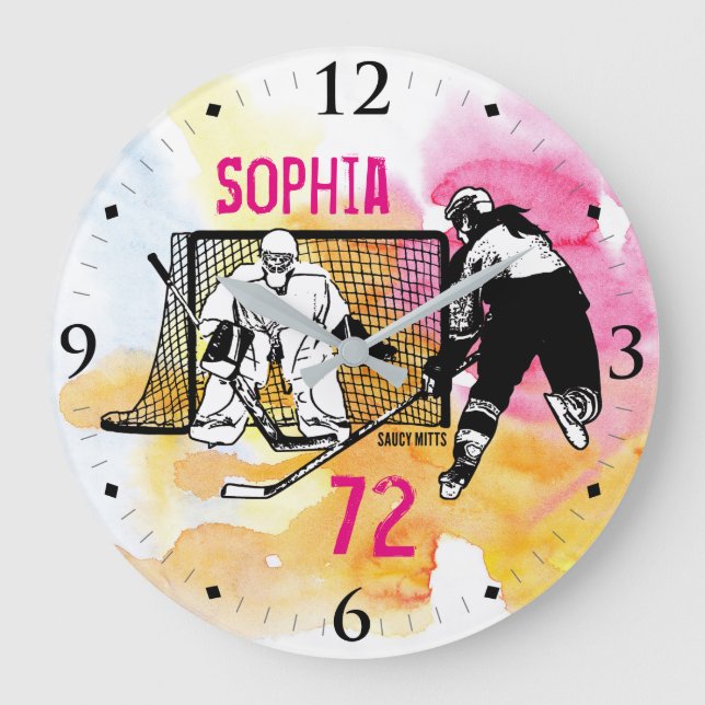 Personalised Women's Hockey Ink Sketch Name Number Large Clock (Front)