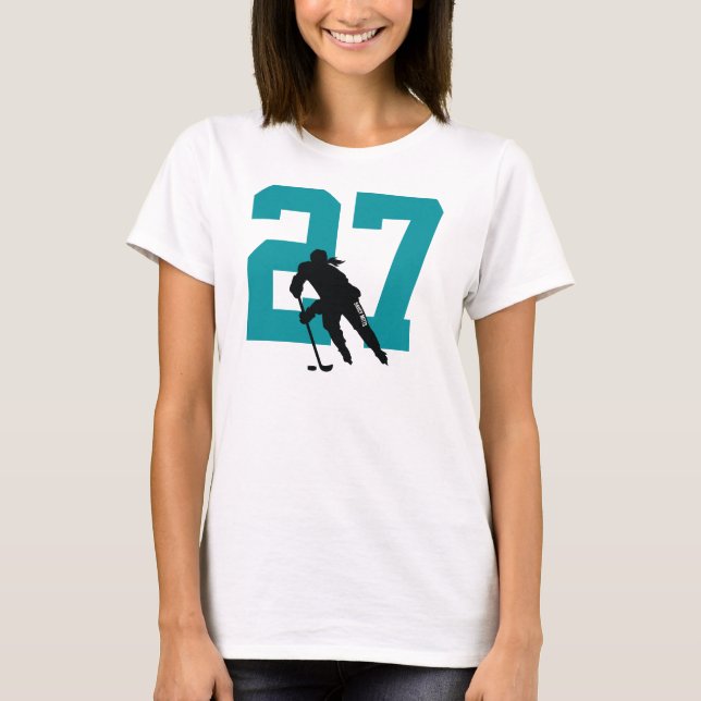 Personalised Women's Hockey Player Number Teal T-Shirt (Front)