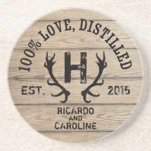Personalised Wood Bourbon Barrel Wedding Monogram Coaster