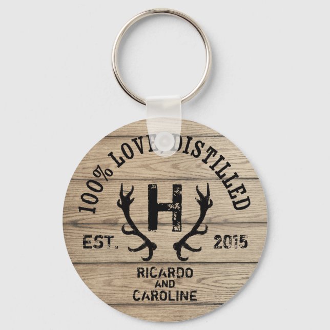 Personalised Wood Bourbon Barrel Wedding Monogram Key Ring (Front)