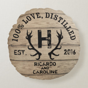 Personalised Wood Bourbon Barrel Wedding Monogram Round Cushion