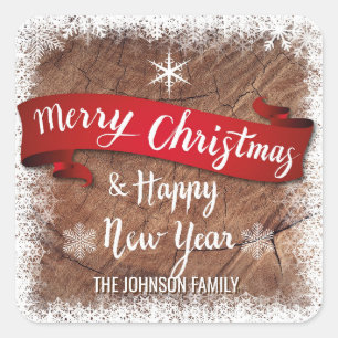 Personalised Wood Rustic MERRY CHRISTMAS New Year Square Sticker