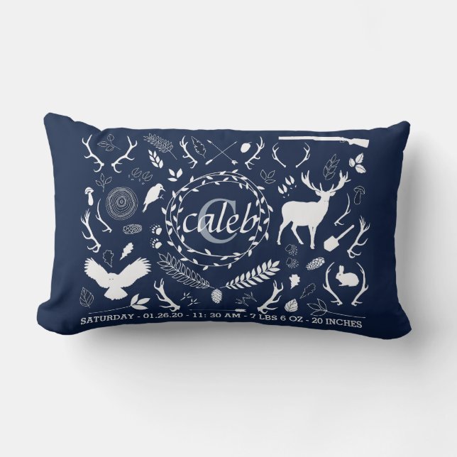 Personalised Woodland Baby Boy Nursery Birth Stats Lumbar Cushion (Front)