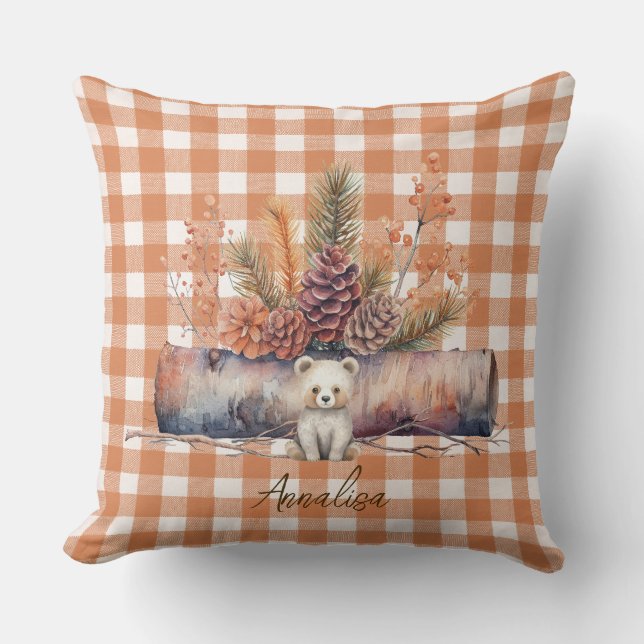 Personalised Woodland Bear Gingham Fall  Cushion (Front)