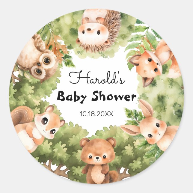 Personalised Woodland Boy Baby Shower Envelope Classic Round Sticker (Front)