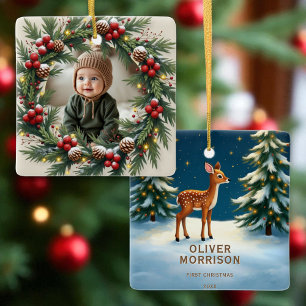 Personalised Woodland First Christmas Baby Deer Ceramic Ornament