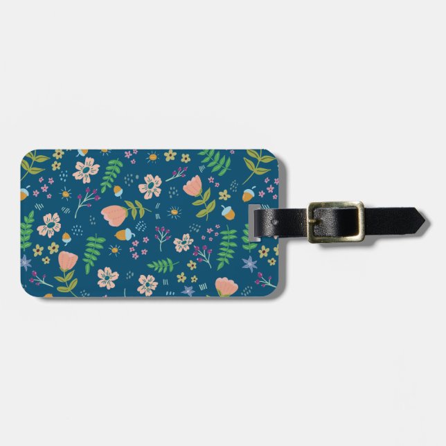 Personalised Woodland Floral Navy Blue Luggage Tag (Front Horizontal)