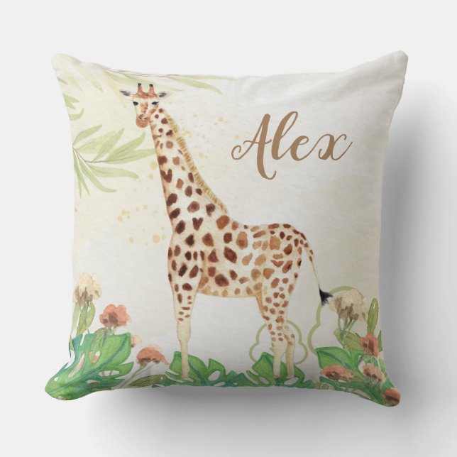 Personalised woodland safari giraffe greenery kids cushion (Front)