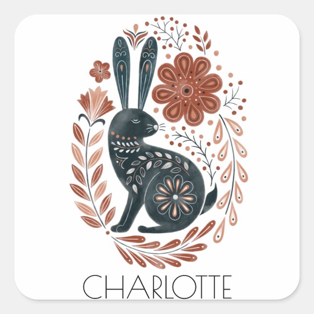 Personalised Woodlands Rabbit Illustrated Folk Art Square Sticker (Front)