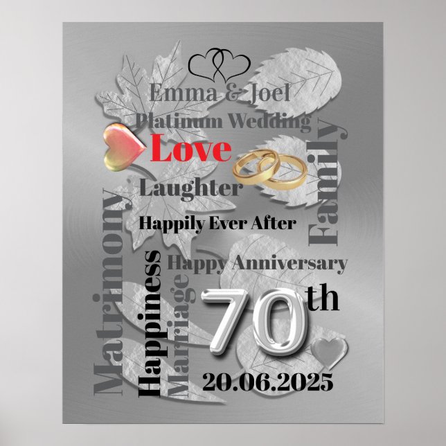 Personalised Word Art 70th wedding anniversary Poster (Front)