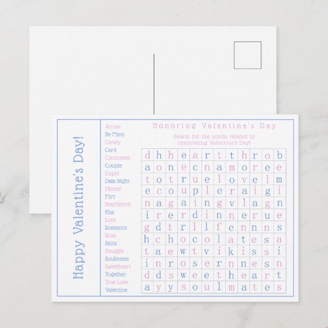 Personalised Word Search Puzzle, Valentine's Day Holiday Postcard (Front/Back)