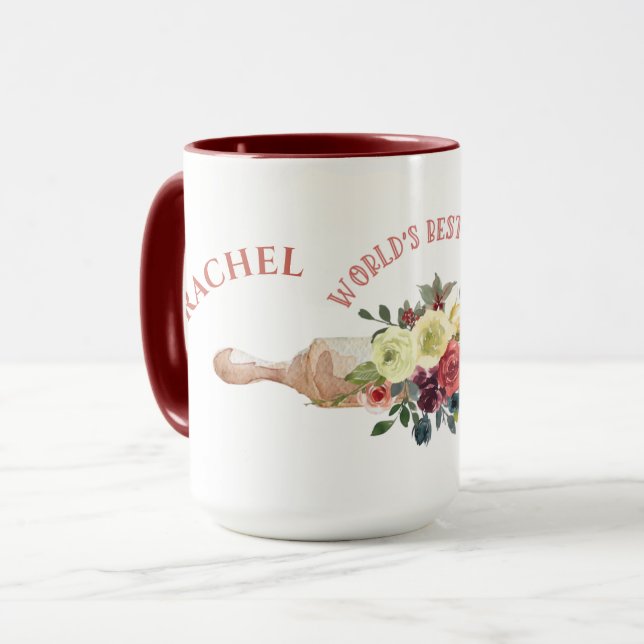 Personalised Worlds Best Baker Rolling Pin Florals Mug (Front Left)