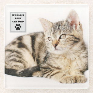 Personalised World's Best Cat Dad Custom Photo Glass Coaster