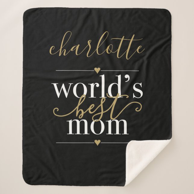 Personalised Worlds Best Mum Black And Gold Sherpa Blanket (Front)