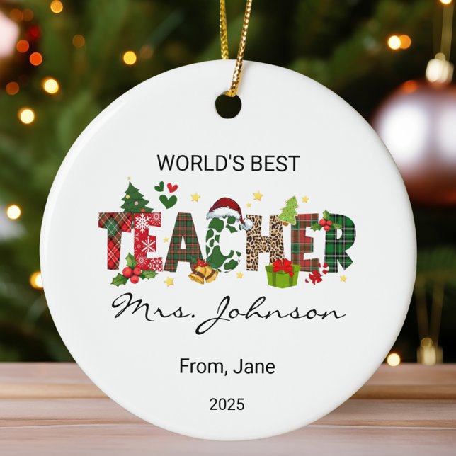 Personalised World's Best Teacher Christmas Gift Ceramic Ornament (Creator Uploaded)