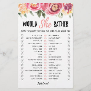 Personalised Would She Rather Bridal Shower game