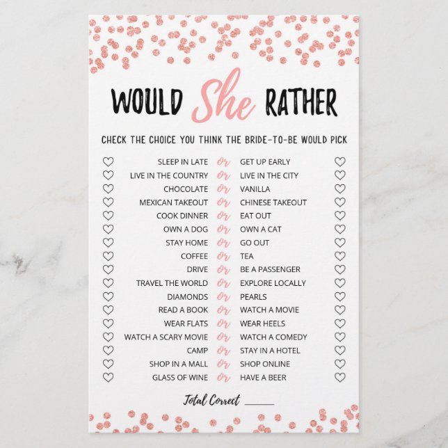 Personalised Would She Rather Bridal Shower game (Front)