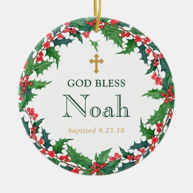 Personalised Wreath Baptism Gift God Bless Ceramic Ornament (Front)