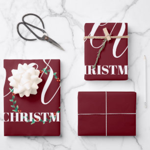 Personalised Wreath Merry Christmas Burgundy  Wrapping Paper Sheet