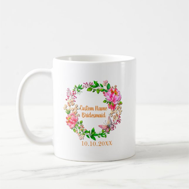 Personalised Wreath Pink Floral Wedding Party Coffee Mug (Left)