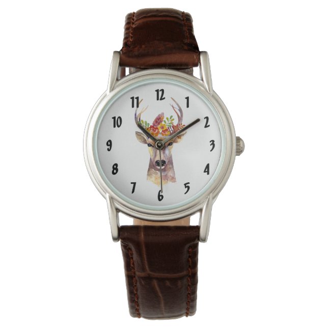 Personalised Wrist Watch boho deer Buck head Brown (Front)