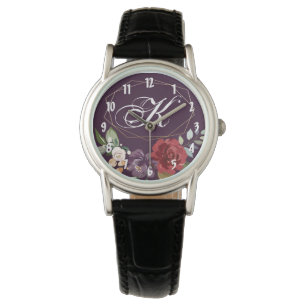 Personalised Wrist Watch Plum Purple Roses Gold Ge