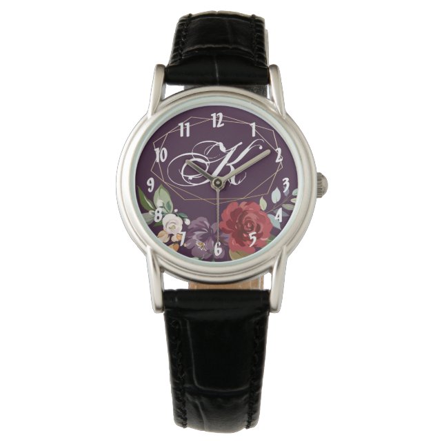 Personalised Wrist Watch Plum Purple Roses Gold Ge (Front)