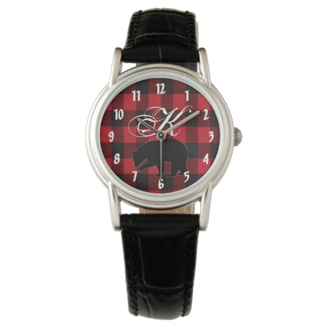 Personalised Wrist Watch Red Buffalo Plaid Bear (Front)