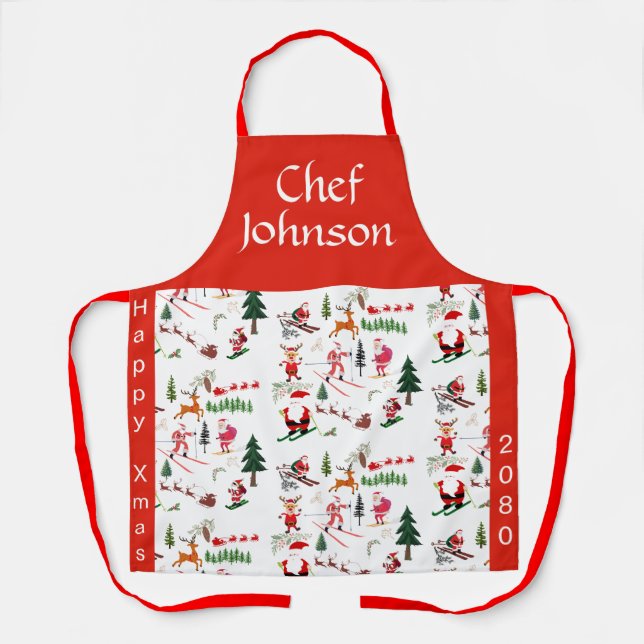 Personalised Xmas Apron with Ski Santa pattern (Front)