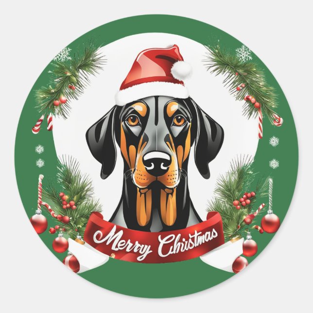 Personalised Xmas Doberman Dog Merry Christmas Classic Round Sticker (Front)