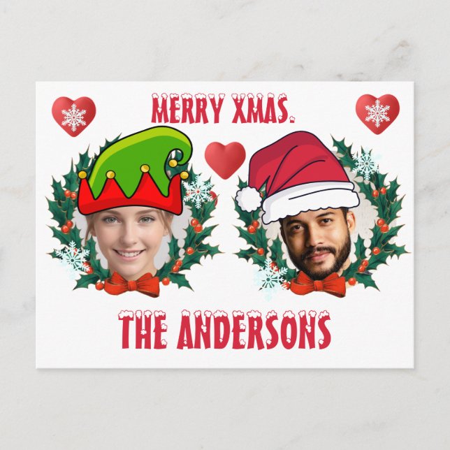 Personalised xmas face cut out Elf and Santa Postcard (Front)