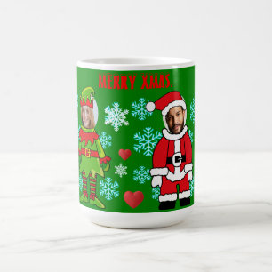 Personalised Xmas. face cut out Santa and Elf  Coffee Mug