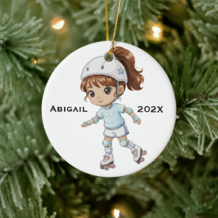 Personalised Xmas Hispanic Girl Roller Skating Ceramic Ornament