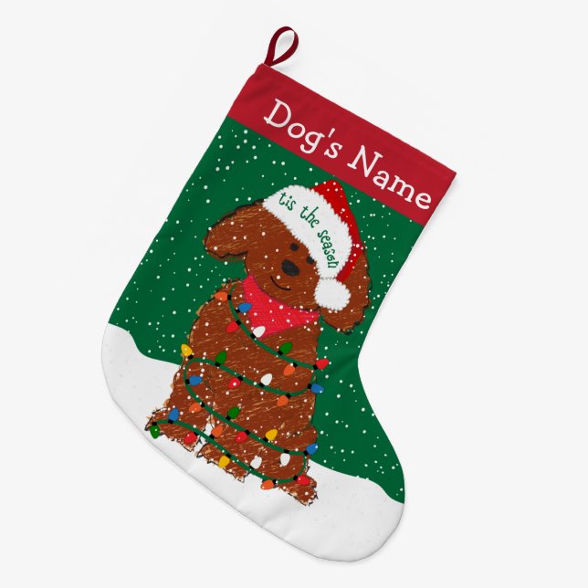 Personalised Xmas Lights Red Goldendoodle Large Christmas Stocking (Front (Hanging))