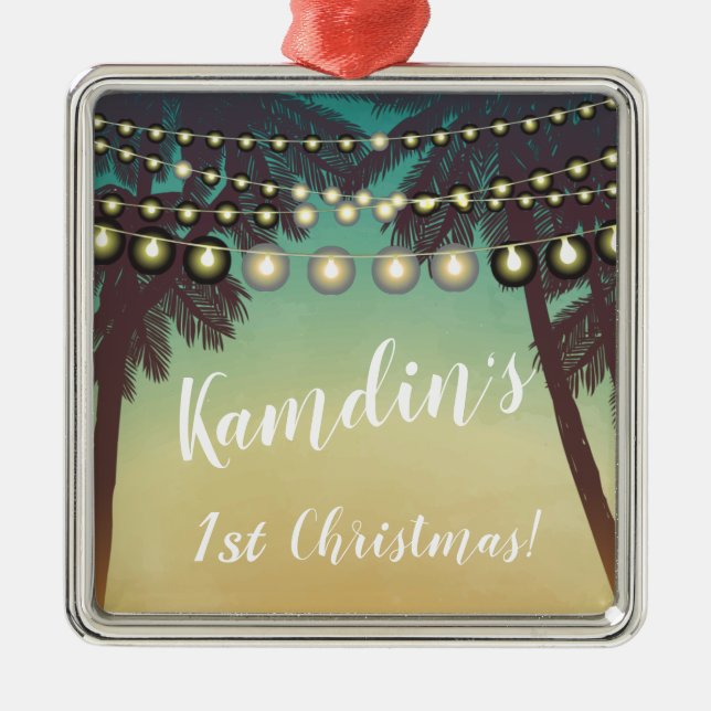 Personalised XMAS Ornament Beach Sunset Palm Trees (Front)