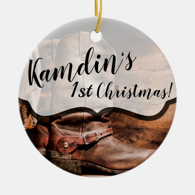 Personalised XMAS Ornament Cowboy Boots Barn Wood (Front)