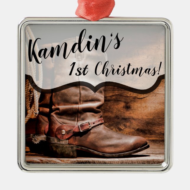 Personalised XMAS Ornament Cowboy Boots Barn Wood (Front)
