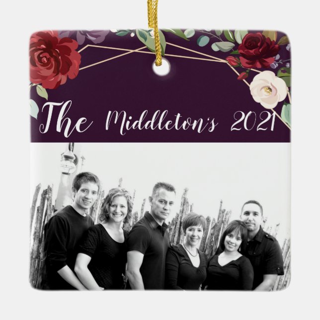 Personalised XMAS Ornament Plum Purple Roses Gold (Front)