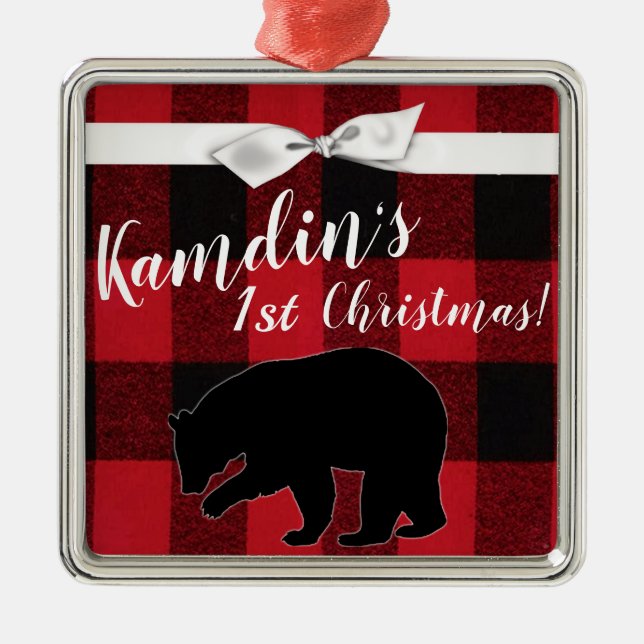 Personalised XMAS Ornament Red Buffalo Plaid Bear (Front)