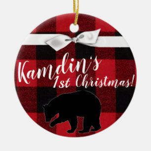 Personalised XMAS Ornament Red Buffalo Plaid Bear