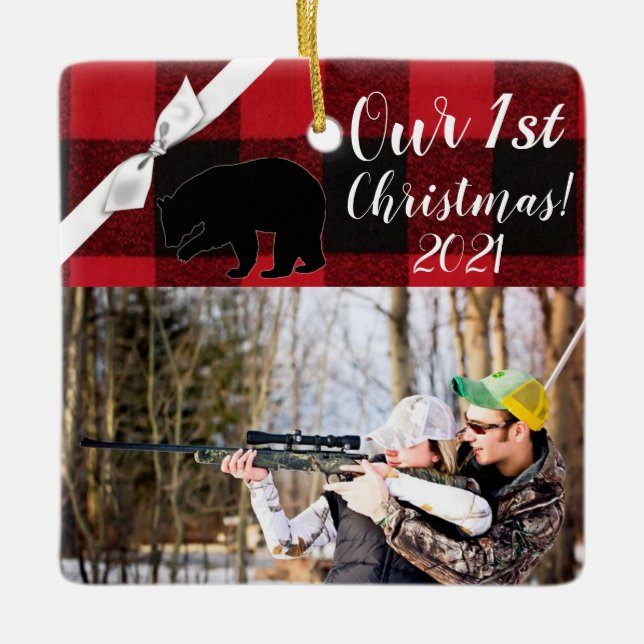 Personalised XMAS Ornament Red Buffalo Plaid Bear (Front)